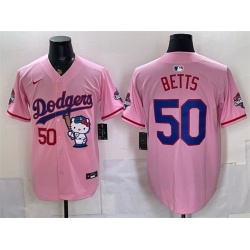 Men Los Angeles Dodgers  50 Mookie Betts Pink Hello Kitty Night 2025 World Series Champions Patch Stitched Baseball Jersey