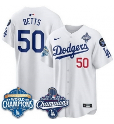 Men Los Angeles Dodgers 50 Mookie Betts White 2025 World Series Champions  26 Back to Back Champions With No 34 Patch Limited Stitched Baseball Jersey