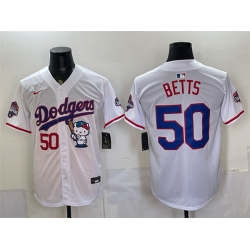 Men Los Angeles Dodgers  50 Mookie Betts White Hello Kitty Night 2025 World Series Champions Patch Stitched Baseball Jersey