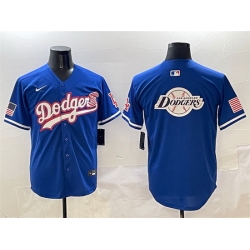 Men Los Angeles Dodgers Team Big Logo Royal With American Flag Patch Limited Stitched Baseball Jersey 2