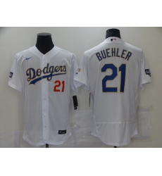 Men Los Angeles Dodgers Walker Buehler 21 Championship Gold Trim White Limited All Stitched Flex Base Jersey