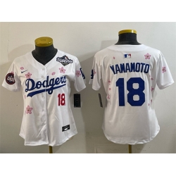 Women Los Angeles Dodgers 18 Yoshinobu Yamamoto White 2025 World Series Patch Tokyo Series Limited Stitched Baseball Jersey 