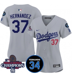 Women Los Angeles Dodgers 37 Teoscar Hernandez Gray 2024 World Series Champions With Fernando Memorial Patch Vapor Premier Limited Stitched Baseball Jersey