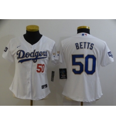 Women Los Angeles Dodgers 50 Mookie Betts White Gold Championship Cool Base Stitched Jersey Women Los Angeles Dodgers 50 Mookie Betts White Gold Championship Cool Base Stitched Jersey