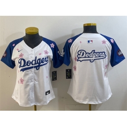 Women Los Angeles Dodgers Team Big Logo White Royal 2025 Tokyo Series Limited Stitched Baseball Jersey 001