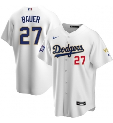 Women Los Angeles Dodgers Trevor Bauer 27 Championship Gold Trim White Limited All Stitched Flex Base Jersey Women Los Angeles Dodgers Trevor Bauer 27 Championship Gold Trim White Limited All Stitched Flex Base Jersey