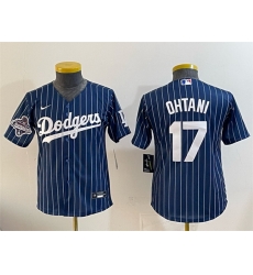 Youth Los Angeles Dodgers 17  Shohei Ohtani Navy Pinstripe 2025 World Series Champions Patch Cool Base Stitched Baseball Jersey