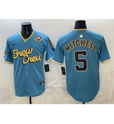 Men Milwaukee Brewers  5 Garrett Mitchell Powder Blue City Connect With Home   Bob Uecker Patch Limited Stitched Baseball Jersey