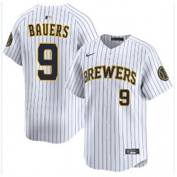 Men Milwaukee Brewers Jake Bauers #9 Home White Strips Stitched Limited Jersey