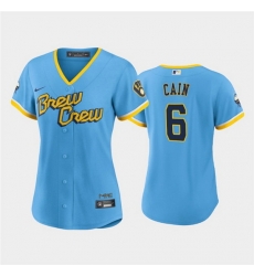 Women Milwaukee Brewers 6 Lorenzo Cain 2022 Powder Blue City Connect Cool Base Stitched Jersey Women Milwaukee Brewers 6 Lorenzo Cain 2022 Powder Blue City Connect Cool Base Stitched Jersey