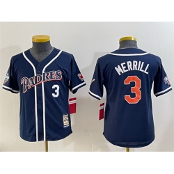 Youth San Diego Padres 3 Jackson Merrill Navy Throwback With Patch Stitched Baseball Jersey