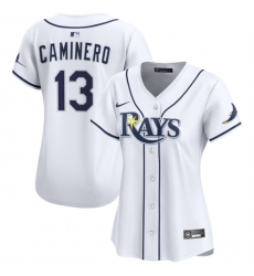 Women Tampa Bay Rays 13 Junior Caminero White Home Limited Stitched Baseball Jersey