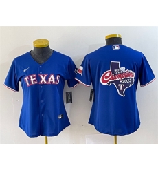 Women Texas Rangers Royal 2023 World Series Champions Big Logo With Patch Stitched Baseball Jersey 28Run Small 29 Women Texas Rangers Royal 2023 World Series Champions Big Logo With Patch Stitched Baseball Jersey 28Run Small 29