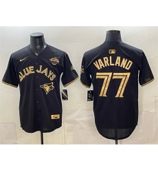 Men Toronto Blue Jays 77 Louis Varland Black Gold 2025 American League Champions Limited Stitched Baseball Jersey Men Toronto Blue Jays 77 Louis Varland Black Gold 2025 American League Champions Limited Stitched Baseball Jersey