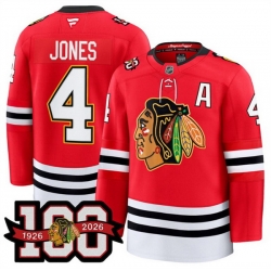 Men Chicago Blackhawks 4 Seth Jones Red 2025 Home 100th Anniversary With A Patch Stitched Hockey Jersey