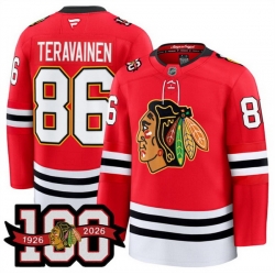 Men Chicago Blackhawks 86 Teuvo Teravainen Red 2025 Home 100th Anniversary Stitched Hockey Jersey