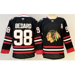 Men Chicago Blackhawks 98 Connor Bedard Black With A Patch Stitched Hockey Jersey