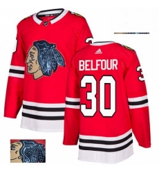 Mens Adidas Chicago Blackhawks 30 ED Belfour Authentic Red Fashion Gold NHL Jersey 