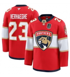 Men Florida Panthers 23 Carter Verhaeghe Red 2025 Stanley Cup Final Patch Stitched Hockey Jersey