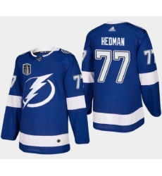 Men Tampa Bay Lightning 77 Victor Hedman 2022 Blue Stanley Cup Final Patch Stitched Jersey Men Tampa Bay Lightning 77 Victor Hedman 2022 Blue Stanley Cup Final Patch Stitched Jersey