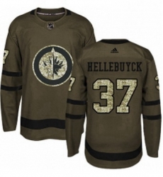 Mens Adidas Winnipeg Jets 37 Connor Hellebuyck Premier Green Salute to Service NHL Jersey 