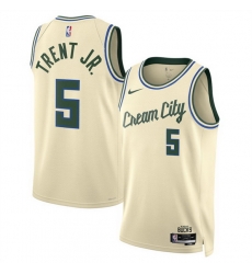 Men Milwaukee Bucks 5 Gary Trent Jr  Cream 2025 26 City Edition Stitched Basketball Jersey