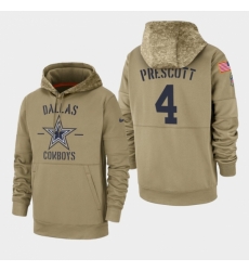Mens Dallas Cowboys 4 Dak Prescott 2019 Salute to Service Sideline Therma Pullover Hoodie Tan