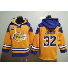 Men's Los Angeles Lakers #32 Magic Johnson Yellow Lace-Up Pullover Hoody Men's Los Angeles Lakers #32 Magic Johnson Yellow Lace-Up Pullover Hoody