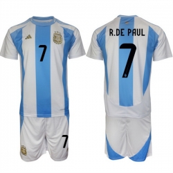 Men Argentina 7 Rodrigo Javier De Paul White Blue 2024 25 Home Soccer Jersey Suit