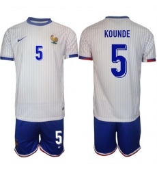 Men France 5 Jules Kound E9 White 2024 25 Away Soccer Jersey Suit