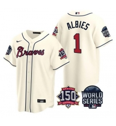 Men Atlanta Braves 1 Ozzie Albies 2021 Cream World Series With 150th Anniversary Patch Cool Base Stitched Jersey Men Atlanta Braves 1 Ozzie Albies 2021 Cream World Series With 150th Anniversary Patch Cool Base Stitched Jersey