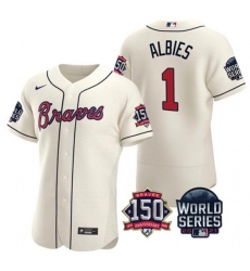 Men Atlanta Braves 1 Ozzie Albies 2021 Cream World Series With 150th Anniversary Patch Stitched Baseball Jersey Men Atlanta Braves 1 Ozzie Albies 2021 Cream World Series With 150th Anniversary Patch Stitched Baseball Jersey