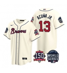 Men Atlanta Braves 13 Ronald Acuna Jr 2021 Cream World Series With 150th Anniversary Patch Cool Base Stitched Jersey Men Atlanta Braves 13 Ronald Acuna Jr 2021 Cream World Series With 150th Anniversary Patch Cool Base Stitched Jersey