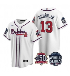 Men Atlanta Braves 13 Ronald Acuna Jr 2021 White World Series With 150th Anniversary Patch Cool Base Stitched Jersey Men Atlanta Braves 13 Ronald Acuna Jr 2021 White World Series With 150th Anniversary Patch Cool Base Stitched Jersey