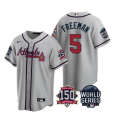 Men Atlanta Braves 5 Freddie Freeman 2021 Gray World Series With 150th Anniversary Patch Cool Base Stitched Jersey Men Atlanta Braves 5 Freddie Freeman 2021 Gray World Series With 150th Anniversary Patch Cool Base Stitched Jersey