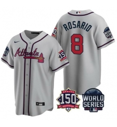 Men Atlanta Braves 8 Eddie Rosario 2021 Gray World Series With 150th Anniversary Patch Cool Base Stitched Jersey Men Atlanta Braves 8 Eddie Rosario 2021 Gray World Series With 150th Anniversary Patch Cool Base Stitched Jersey