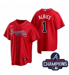 Men Nike Atlanta Braves 1 Ozzie Albies Red Alternate Stitched Baseball Stitched MLB 2021 Champions Patch Jersey Men Nike Atlanta Braves 1 Ozzie Albies Red Alternate Stitched Baseball Stitched MLB 2021 Champions Patch Jersey