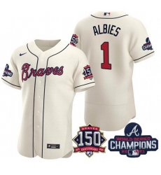 Men's Cream Atlanta Braves #1 Ozzie Albies 2021 World Series Champions With 150th Anniversary Flex Base Stitched Jersey Men's Cream Atlanta Braves #1 Ozzie Albies 2021 World Series Champions With 150th Anniversary Flex Base Stitched Jersey