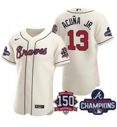 Men's Cream Atlanta Braves #13 Ronald Acuna Jr. 2021 World Series Champions With 150th Anniversary Flex Base Stitched Jersey Men's Cream Atlanta Braves #13 Ronald Acuna Jr. 2021 World Series Champions With 150th Anniversary Flex Base Stitched Jersey