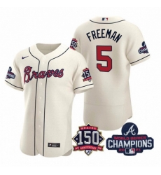 Men's Cream Atlanta Braves #5 Freddie Freeman 2021 World Series Champions With 150th Anniversary Flex Base Stitched Jersey Men's Cream Atlanta Braves #5 Freddie Freeman 2021 World Series Champions With 150th Anniversary Flex Base Stitched Jersey