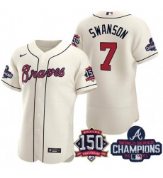 Men's Cream Atlanta Braves #7 Dansby Swanson 2021 World Series Champions With 150th Anniversary Flex Base Stitched Jersey Men's Cream Atlanta Braves #7 Dansby Swanson 2021 World Series Champions With 150th Anniversary Flex Base Stitched Jersey