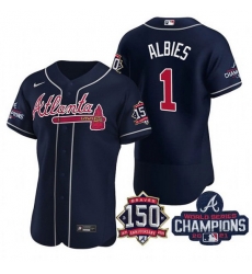 Men's Navy Atlanta Braves #1 Ozzie Albies 2021 World Series Champions With 150th Anniversary Flex Base Stitched Jersey Men's Navy Atlanta Braves #1 Ozzie Albies 2021 World Series Champions With 150th Anniversary Flex Base Stitched Jersey