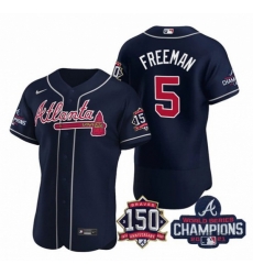 Men's Navy Atlanta Braves #5 Freddie Freeman 2021 World Series Champions With 150th Anniversary Flex Base Stitched Jersey Men's Navy Atlanta Braves #5 Freddie Freeman 2021 World Series Champions With 150th Anniversary Flex Base Stitched Jersey