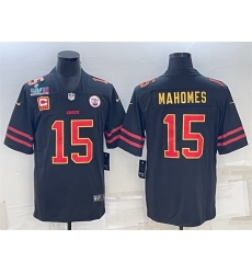 Men Kansas City Chiefs 15 Patrick Mahomes Black Red Gold Super Bowl LVII Patch And 4 Star C Patch Vapor Untouchable Limited Stitched Jersey Men Kansas City Chiefs 15 Patrick Mahomes Black Red Gold Super Bowl LVII Patch And 4 Star C Patch Vapor Untouchable Limited Stitched Jersey