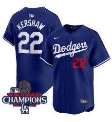 Men Nike Los Angeles Dodgers Clayton Kershaw #22 Blue Flex Base 2024 World Series Champions Stitched MLB Jersey