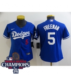 Women Nike Los Angeles Dodgers Freddie Freeman #5 Blue Flex Base 2024 World Series Champions Stitched MLB Jersey Women Nike Los Angeles Dodgers Freddie Freeman #5 Blue Flex Base 2024 World Series Champions Stitched MLB Jersey