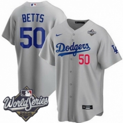 Men Los Angeles Dodgers 50 Mookie Betts 2025 World Series Cool Base Stitched Baseball Jersey Gray