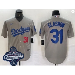 Men Los Angeles Dodgers 31 Tyler Glasnow Cool Base 2025 World Champions Stitched Baseball Jersey Gray