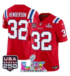 Men New England Patriots 32 TreVeyon Henderson Red 2025 F U S E  Super Bowl LX Patch And USA 250 27 Patch Vapor Limited Football Stitched Jersey