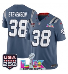 Men New England Patriots 38 Rhamondre Stevenson Storm Blue 2025 F U S E  Super Bowl LX  USA 250 Patch  Rivalries Vapor Limited Football Stitched Jersey